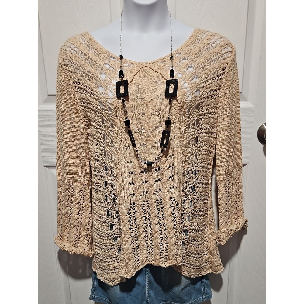 Roz & Ali Tan Open-Knit Scoop Neck Sweater